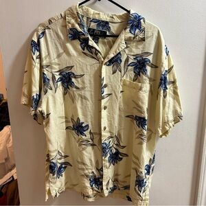 La Cabana Mens Sz L Floral Hawaiian Shirt Rayon Short Sleeve Cream Blue Tropical